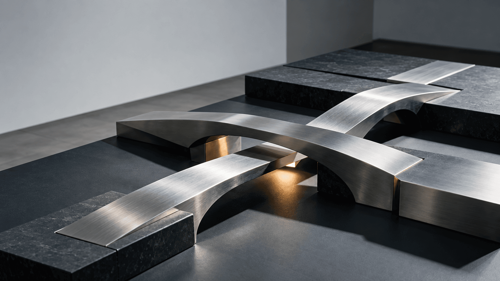 Sculptural metal bridges connecting stone platforms, an illustration of connected systems